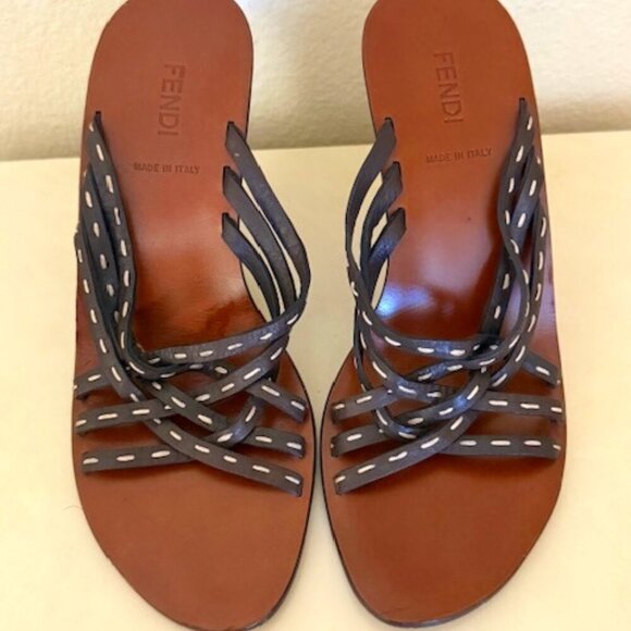 Fendi Fendi Dark Brown Leather Strappy Slide Sandals - Picture 1 of 4